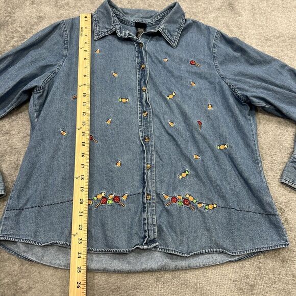 Vintage Holiday Editions Halloween Candy Embroidered Denim Shirt Button Up XL - Picture 7 of 11
